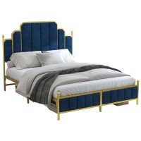 Queen Size Upholstered Bed Frame, Metal Bed Frame with Linen Fabric Headboard, Under Bed Storage, No Box Spring Required (Blue) - BD018QNGDDB