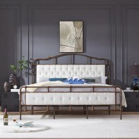 King Size Metal Bed Frame with Boucle Fabric Headboard, Wooden Slat Support, No Box Spring Needed (White) - W1708127642 King Size Metal Bed Frame with Boucle Fabric Headboard, Wooden Slat Support, No Box Spring Needed (White) - W1708127642