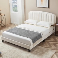 Full Size Bed Frame, Upholstered Velvet Platform Bed with Adjustable Headboard, Wood Slat Support, No Box Spring Needed (White) - USAN1051340-4