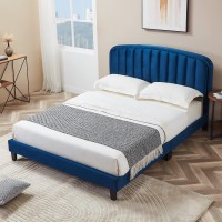 Full Size Bed Frame, Upholstered Velvet Platform Bed with Adjustable Headboard, Wood Slat Support, No Box Spring Needed (Blue) - USAN1051340-7