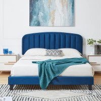 Queen Size Bed Frame, Upholstered Velvet Platform Bed with Adjustable Headboard, Wood Slat Support, No Box Spring Needed (Blue) - USAN1051340-8