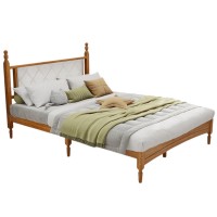 Queen Size Wooden Bed Frame with Fabric Headboard, Rubber Wood Central Supports, 1000 LB Capacity, Easy Assembly, No Box Spring Needed (Rustic Oak) - LION-V-BF003-QB-OAK Queen Size Wooden Bed Frame with Fabric Headboard, Rubber Wood Central Supports, 1000 LB Capacity, Easy Assembly, No Box Spring Needed (Rustic Oak) - LION-V-BF003-QB-OAK