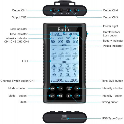 Belifu Rechargeble Tens Unit Upgraded 24 Modes for Pain Management and Rehabilit