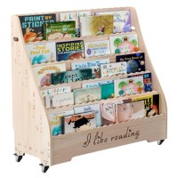 Kids Wooden Book Shelf with Wheels,  Display Shelf with 5 Tiered Front-Facing Compartments, Engraved Panel Kids Wooden Book Shelf with Wheels,  Display Shelf with 5 Tiered Front-Facing Compartments, Engraved Panel