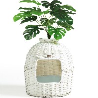 KUREEISE Cat Litter Box, Handwoven Rattan Cat House Enclosure with Artificial Plants, Enclosed Cat Planter Litter Box (White) - RXKE12-WE KUREEISE Cat Litter Box, Handwoven Rattan Cat House Enclosure with Artificial Plants, Enclosed Cat Planter Litter Box (White) - RXKE12-WE