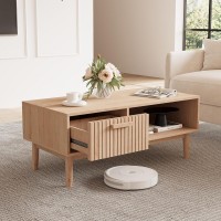 Modern Solid Wood Coffee Table with Drawer and Open Storage Shelf, Farmhouse Style Center Table for Living Room, Natural Oak Finish, 100×50×43 cm – 180 lbs Capacity Modern Solid Wood Coffee Table with Drawer and Open Storage Shelf, Farmhouse Style Center Table for Living Room, Natural Oak Finish, 100×50×43 cm – 180 lbs Capacity