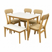 Modern 6-Piece Dining Table Set with Bench, White and Natural Wood Finish, Rubberwood Frame, Cushioned Chairs for Kitchen & Dining Room – YX7201NA2 Modern 6-Piece Dining Table Set with Bench, White and Natural Wood Finish, Rubberwood Frame, Cushioned Chairs for Kitchen & Dining Room – YX7201NA2