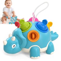 Baby Dinosaur Sensory Toy, Pull-Pop Silicone Baby Toy for 6-12-18 Months Early Development, Babies, Toddlers, Fine Motor Skills (Blue) - BWL-102Y