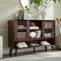 Mid Century Entryway Table with Sliding Slatted Doors 46" Console Cabinet, Adjustable Shelves, Open Shoe Storage, Rounded Corners, Tapered Legs Hallway, Living Room, Kitchen Mid Century Entryway Table with Sliding Slatted Doors 46" Console Cabinet, Adjustable Shelves, Open Shoe Storage, Rounded Corners, Tapered Legs Hallway, Living Room, Kitchen
