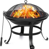 22" Round Fire Pit, Curved Iron Outdoor Wood Burning Fire Pit Patio Decoration with Spark Screen, Log Grate, Poker for Backyard Poolside - GORBR004BK 22" Round Fire Pit, Curved Iron Outdoor Wood Burning Fire Pit Patio Decoration with Spark Screen, Log Grate, Poker for Backyard Poolside - GORBR004BK