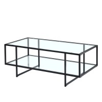 Glass Coffee Table with Storage, 120 x 60cm Modern Rectangle Glass Top Table with Metal Frame for Home, Living Room - KJS-00358