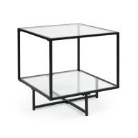 Glass End Table, Modern Side Coffee Table with 2 Tier Storage, Black Metal Frame for Home, Living Room, Bedroom - KJS-00359