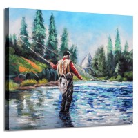 Landscape Canvas Wall Art, Fishing on The Lake Clear Blue River Mountain Trees Picture Painting for Home, Bedroom, Office (24'' x 18'' x 1 Panel)