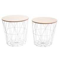 Set of 2 Nesting End Tables with Metal Storage Basket, Round Side Coffee Tables for Home, Living Room, Bedroom - YM-ST001