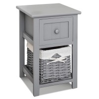 Nightstand, Solid Wood Bedside Table with Drawer and Wicker Basket for Home, Living Room, Bedroom 31 x 28 x 45cm (Grey) - D01-Blue