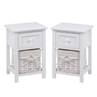 Set of 2 Nightstand, Solid Wood Bedside Table with Drawer and Wicker Basket for Home, Living Room, Bedroom 31 x 28 x 45cm (White) - D01-W-X