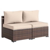 2 PCS Patio Sofa Set, Outdoor Wicker Rattan Sectional Armless Sofa Chair with Cushions (Khaki) - NBCS018KKFS-B