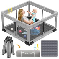 Baby Playpen with Mat, 127 x 127 cm Collapsible Portable Play Pen with 2 Handlers, Visible Mesh, Non-Slip, Storage Bag for Indoor & Outdoor - BP127