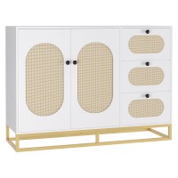 Modern Rattan Storage Cabinet with 3 Drawers & 2 Doors, White Sideboard with Gold Metal Base, 47" Buffet Console for Entryway, Living Room, Bedroom Storage & Home Organization Modern Rattan Storage Cabinet with 3 Drawers & 2 Doors, White Sideboard with Gold Metal Base, 47" Buffet Console for Entryway, Living Room, Bedroom Storage & Home Organization