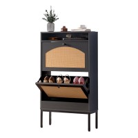 Shoe Cabinet, Rattan Storage Cabinet with 2 Flip Drawers, Charging Station for Home, Entryway, Hallway, Living Room (Black) - 8012-8335 Shoe Cabinet, Rattan Storage Cabinet with 2 Flip Drawers, Charging Station for Home, Entryway, Hallway, Living Room (Black) - 8012-8335