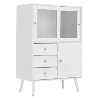 Sideboard Cabinet, White Accent Cabinet with Sliding Glass Door, 3 Drawers, Modern Buffet Cabinet with Storage - BCAL098WH