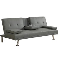 Adjustable Folding Sofa Bed, Modern Faux Leather Sofa with 2 Cup Holders & Removable Armrests for Home, Living Room (Grey) - W58825558