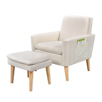 Sofa Chair with Ottoman, Modern Velvet Upholstered Accent Chair with Footrest, Storage Pocket for Living Room, Bedroom, Office (Beige) - YLCH1014