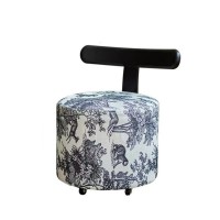 Modern Round Upholstered Vanity Stool with T-Shape Backrest, Vintage Animal Print Fabric, and 360° Swivel Caster Wheels – Black & White Modern Round Upholstered Vanity Stool with T-Shape Backrest, Vintage Animal Print Fabric, and 360° Swivel Caster Wheels – Black & White