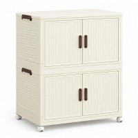 Foldable Storage Cabinet, 2 Tiers, 4 Doors, Casters, Cream, Home Foldable Storage Cabinet, 2 Tiers, 4 Doors, Casters, Cream, Home