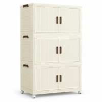 Foldable Storage Cabinet, 3 Tiers, 6 Doors, Casters, Cream, Home Foldable Storage Cabinet, 3 Tiers, 6 Doors, Casters, Cream, Home