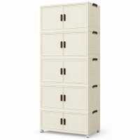 5-Tier Storage Cabinet, Cream Foldable Organizer with Doors & Wheels 5-Tier Storage Cabinet, Cream Foldable Organizer with Doors & Wheels