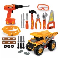 Mighty Tuff Crew 30 PCS Dump Truck & Tools Playset, DIY Tool Kit with Electric Drill, Hammer, Wrench, Goggles, Tool Belt for Kids - 1652558