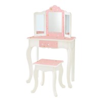 TEAMSON Vanity Table and Stool Set with Tri-Fold Mirror, Storage Drawer, Twinkle Star Print for Kids - TD-11670K